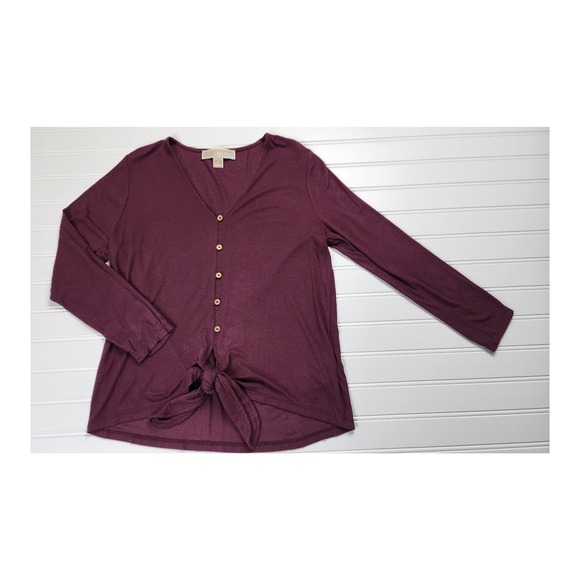 MICHAEL Michael Kors Tops - Michael Kors Ribbed V Neck Long Sleeve Tie‎ Front Top Burgundy Size Small